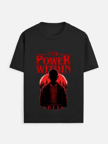 Black Stranger Things t-shirt featuring a red graphic with Eleven's silhouette, a red moon over pine trees, and distressed text reading The Power Within 011.