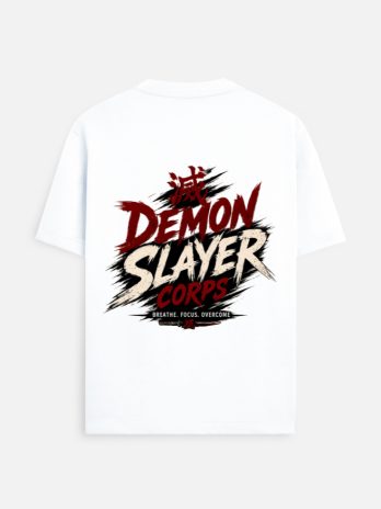 White Demon Slayer Kimetsu no Yaiba graphic tee displaying the Demon Slayer Corps logo, Hashira Metsu kanji, and a katana sword design in streetwear style.